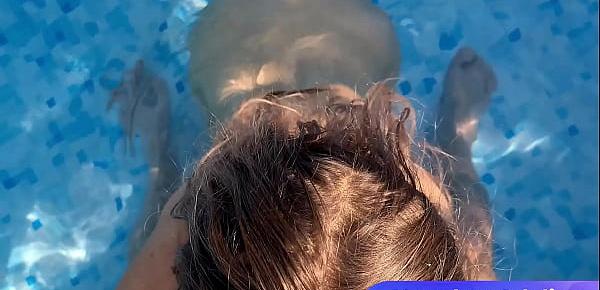  Blonde slut sucking dick in the pool and takes a big load in her mouth - cum in mouth by Naughty Adeline
